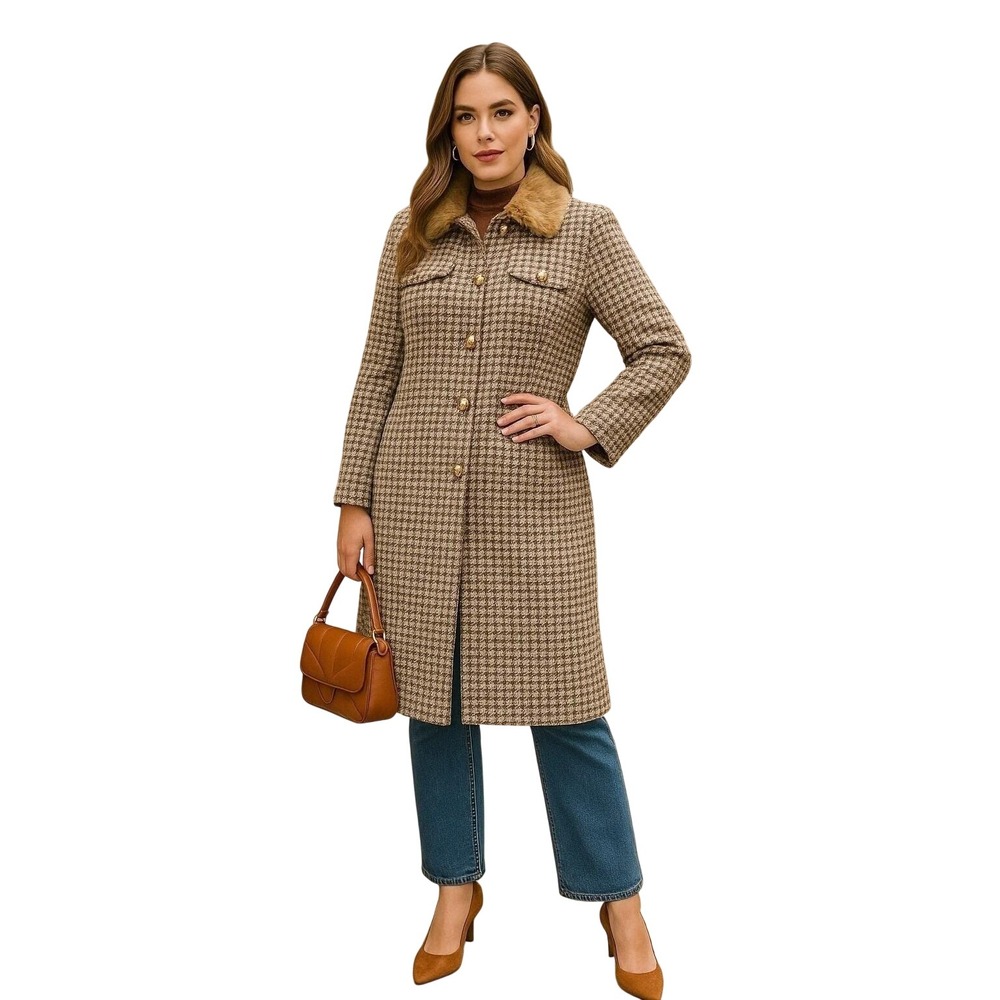 Trina Turk Tweed Wool Coat Faux Fur Collar Tailored Jacket Vintage Size 10 - Picture 2 of 12